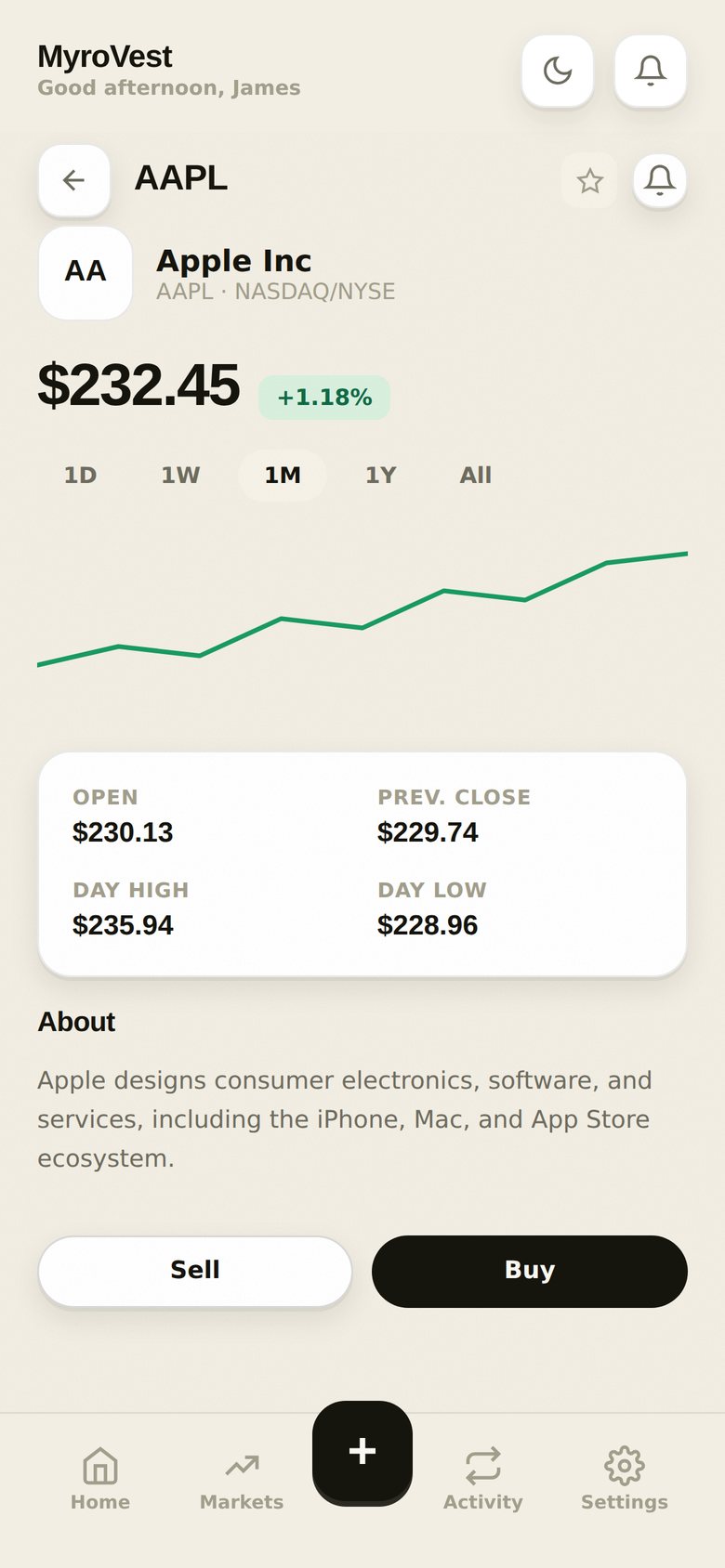 MyroVest asset detail screen for Apple Inc with price chart and buy/sell buttons