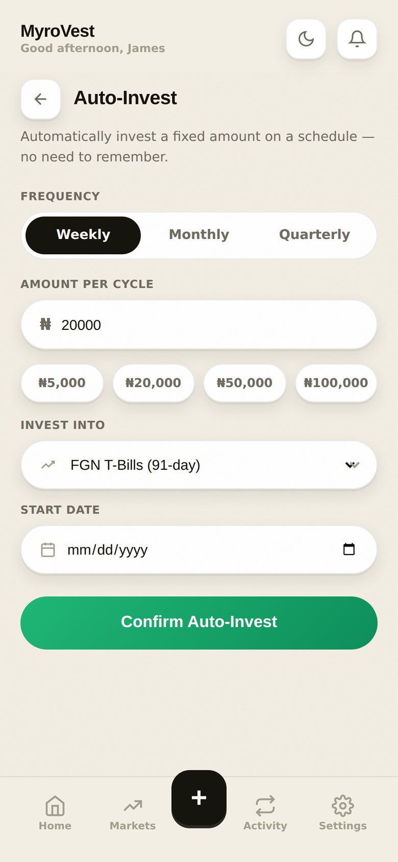MyroVest auto-invest setup screen with frequency and amount selection