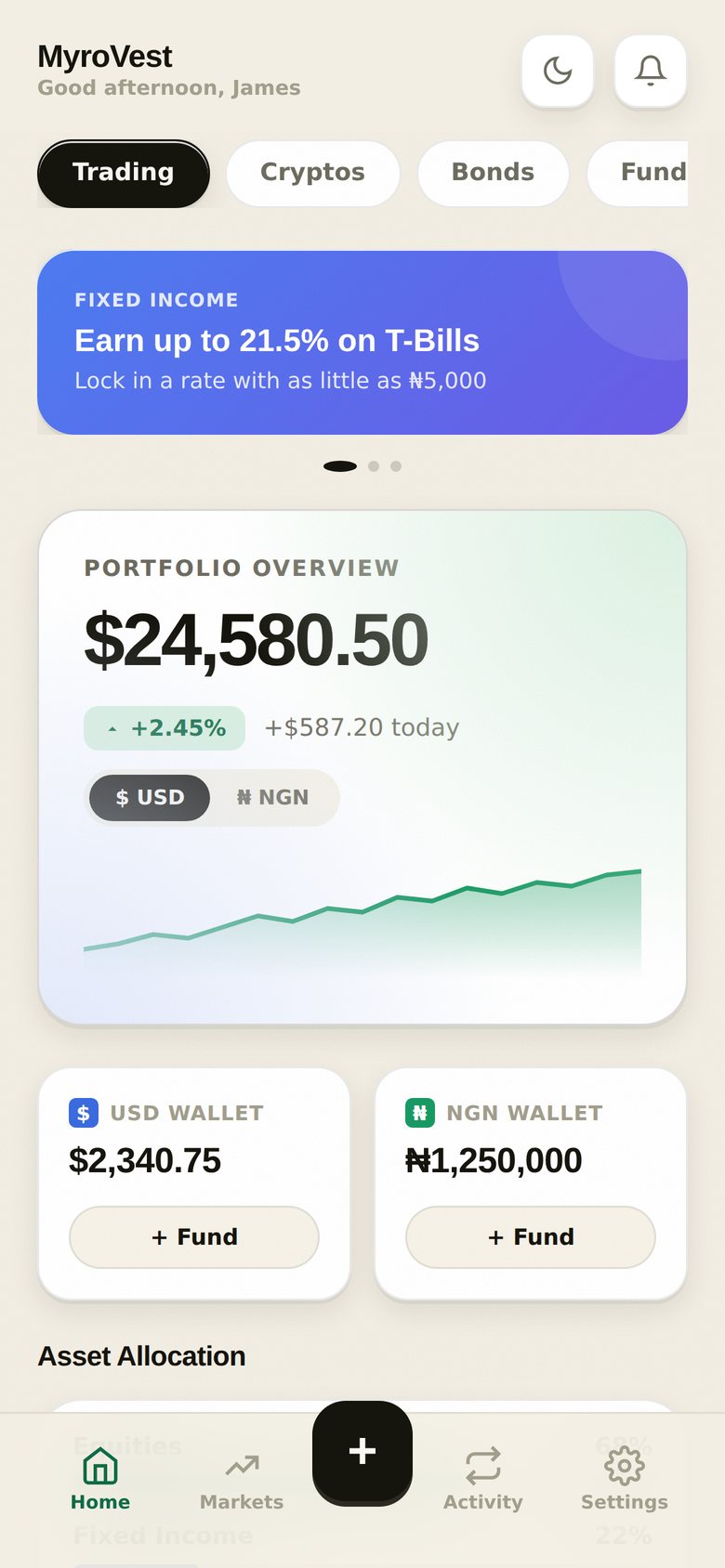 MyroVest app home screen showing portfolio overview, wallets and asset allocation
