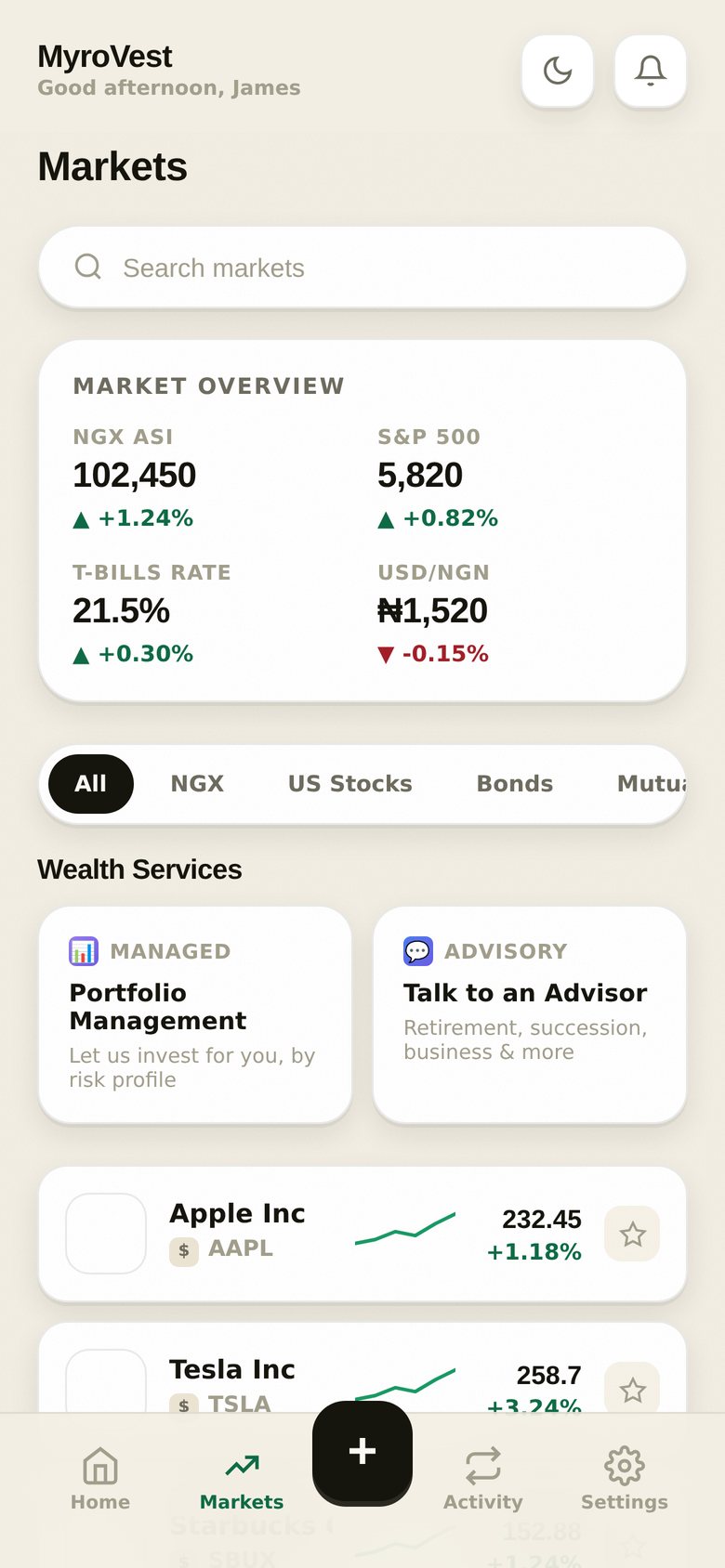 MyroVest markets screen listing NGX and US stocks with live prices